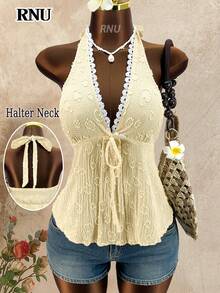 RNU Blusa de verano de mujer sin mangas, con cuello de volantes y bajo asimétrico, de tejido de punto, de longitud regular, ligeramente elástica - Amarillo claro - Ver 7