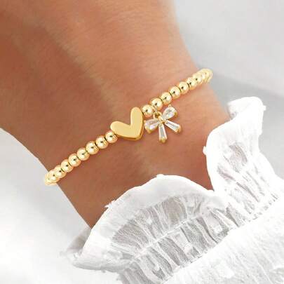 1件新款时尚爱心彩色蝴蝶结吊坠金色串珠手链（女士款）