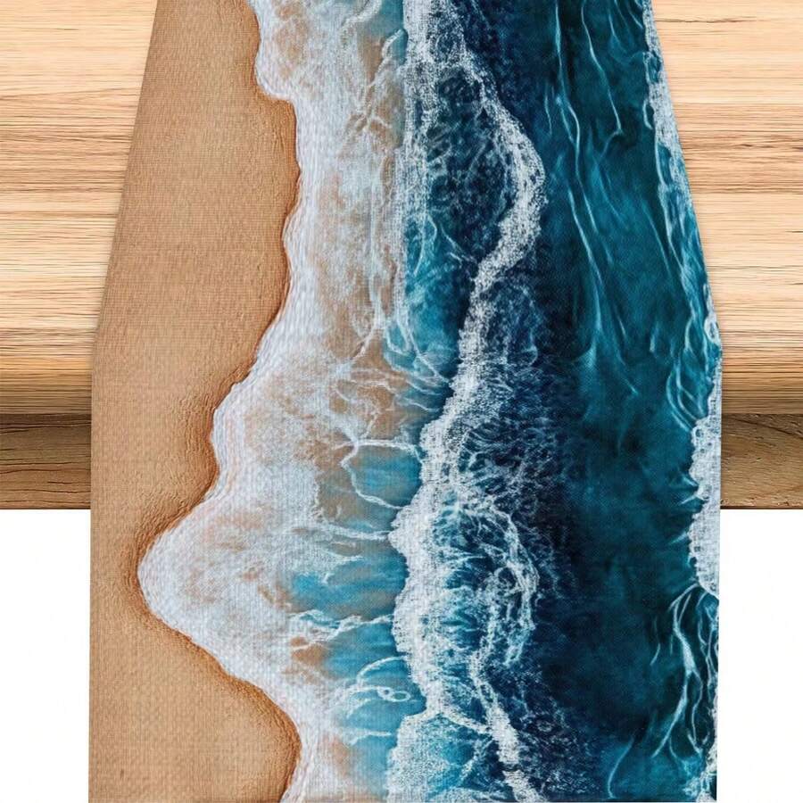 1pc 3D Visual Wave Table Runner, Deep Ocean Gradient Blue Beach Burlap Rectangular Table/Cabinet Flag, Indoor Outdoor Decor Table Runner, Suitable For Daily, Wedding, Holiday Home Decor, Restaurant, Living Room, Dining Table - Multicolor - View 1