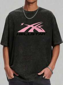Y2K T Shirts Men, Hellstars Pink X Logo Washed Print, 230g Washed Cotton Crew Neck Short Sleeve T-Shirt, Retro, Unisex, Graphic, Big And Tall, Summer, Free Shipping - 黑色 - 查看 8
