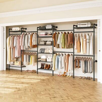 ONBRILL L5 Wall Mounted Closet System, Adjustable Industrial Pipe Clothes Rack Clothing Racks With 4 Telescopic Rods & 3 Fixing Rods & 9 Shelves, Heavy Duty Closet Organizers And Storage For Hanging Clothes, Black