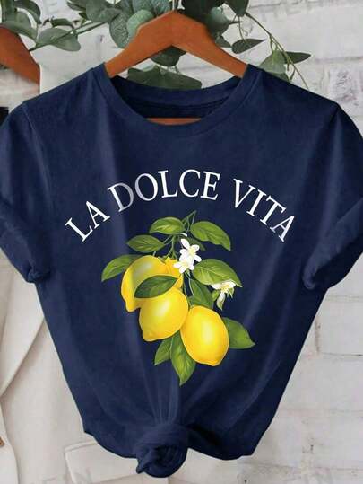 Camiseta Casual de Verano para Mujer con Estampado de Alfabeto y Limones
