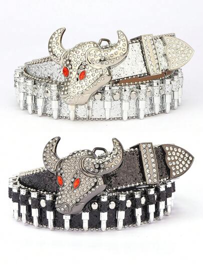 1pc Men's Solid Color Bull Head Rhinestone Inlaid Fashion Street Hip-Hop Punk Belt
