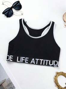 Contrast Color Letter Print Full Coverage Seamless Casual Wireless Cotton Bralette Camisole For Women - Black - View 8