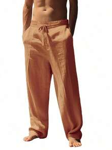 Men's Breathable Linen Loose Casual Sports Pants, Suitable Beach, Spring/Summer - 黃色 - 查看 6