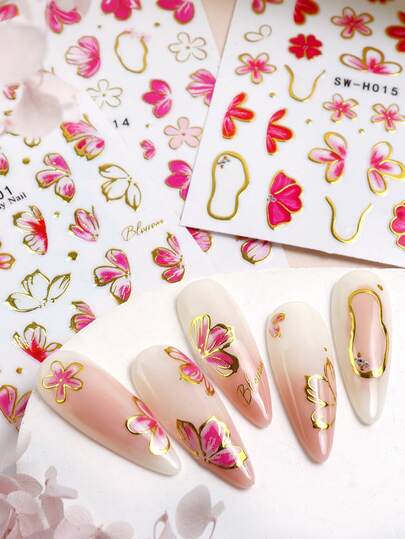 3 יחידות מדבקות ציפורניים מבריקות 3D פרחוניות דביקות עצמית עיצוב 3D מבריק נצנוץ סופר פלאש ויראלי INS פופולרי Y2K אסתטי עמיד למים DIY מניקור אמנות ציפורן קישוט אביזרים