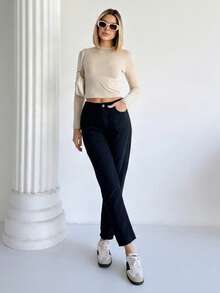 Women High Waist Elastic Slim Leg Linen Pants, Solid Color Casual With Zipper, Button, Pockets - Black - View 4
