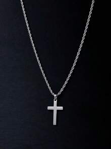 1pc New Arrival Stylish Stainless Steel & Titanium Steel Men's Cross Pendant Necklace, Braided Chain, Suitable For Daily Wear And As A Gift - 黑色 - 查看 5