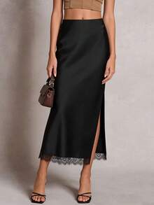 Chân váy ren satin đen thanh lịch xẻ cao, eo cao, tôn dáng, gợi cảm, thích hợp cho buổi hẹn hò lãng mạn mùa xuân. - màu đen - Xem 3