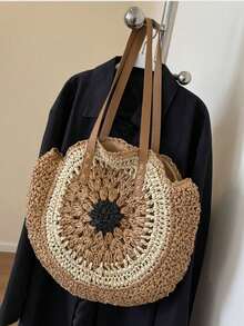 经典编织圆形沙滩单肩包，草编斜挎包，女士手提包，沙滩必备，沙滩用品，夏季必备，度假包，假日必备，旅行、度假、假日和海滩的完美之选 - 黑色 - 查看 5