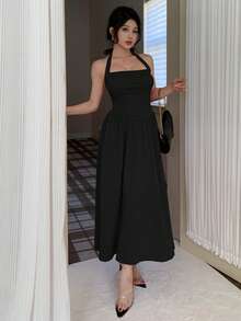 Black Sexy Spaghetti Strap Backless A-Line Mid-Length Dress, Elegant Waist Design Suitable For Weddings, Dates, Galas, Parties, New Spring/Summer Fashion For Young Women Party - Black - View 5