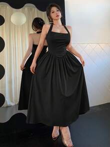 Black Sexy Spaghetti Strap Backless A-Line Mid-Length Dress, Elegant Waist Design Suitable For Weddings, Dates, Galas, Parties, New Spring/Summer Fashion For Young Women Party - Black - View 3