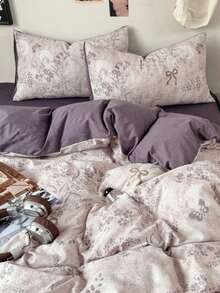 4pcs Butterfly & Wheat Floral Duvet Cover Set (1*Duvet Cover + 1*Flat Sheet + 2*Pillowcases), Ink Butterfly Print, Lavender Leaf Pattern, Luxurious Retro Style, Solid Color Sheet, Active Dyeing Process, With Tie Corners And Zipper Design, Versatile, Soft Texture, Machine Washable, Duvet Cover & Pillowcases Without Filler, Back To School - Purple - View 4