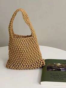 1个波西米亚风镂空钩编手提包，饰以粉色兰花，轻盈网状编织手提包，配有三角形提手，非常适合海滩旅行和休闲外出。 - 卡其色 - 查看 3