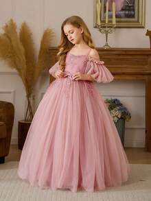 少女粉色蕾丝边蝴蝶结优雅圣诞派对礼服，公主裙，适合女孩生日派对、婚礼花童、舞会、感恩节、毕业典礼等场合。 - 粉色 - 查看 10