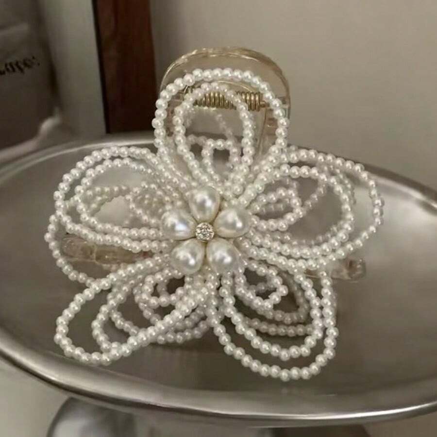 1pc Handmade Elegant Pearl Flower Hair Claw Clip, High-End Bun Updo Hair Claw Hair Accessory Summer Beach Vacay Hair Clips,Holiday,Travel - White - View 1