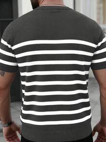 Men's Casual Striped Short Sleeve Knit Top - Dark Grey - View 2