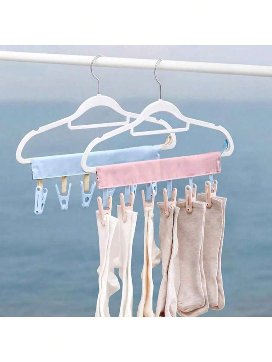 1个/2个装旅行布艺衣架，创意便携式衣物夹，可折叠衣架，内衣、袜子、帽子衣架，带夹子 - 明亮 - 查看 1