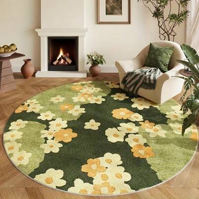 1件乡村风格花卉苔藓绿圆形柔软绒毛地毯，饰有黄色小花图案，适合卧室装饰、客厅地毯，可水洗。