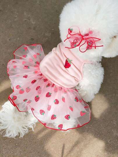 1pc Strawberry Print Mesh Pet Dress With Matching Hair Clip, Sleeveless Dog/Cat Clothes, Sweet Princess Style Suitable For Small/Medium Dogs & Cats, Daily Wear, Birthday, Valentine's Day, Easter, Christmas Gift For Friends, Boyfriend/Girlfriend, Family, Teachers, Colleagues