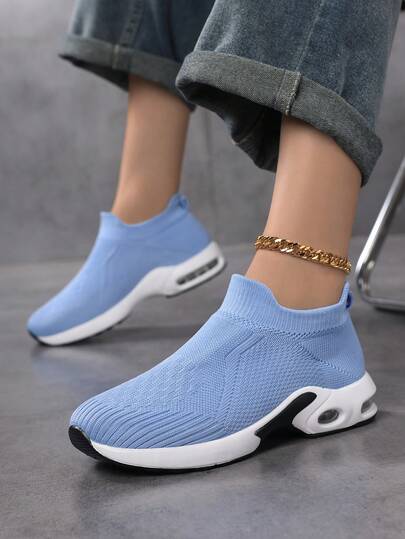 Spring/Autumn Knit Breathable Women's Shoes, Sock-Style Design, Cushioned Shock-Absorbing Sole, Soft & Conforming To Foot Shape, Versatile Casual Commuter White Sneakers, Comfortable & Fashionable Slip-On Shoes