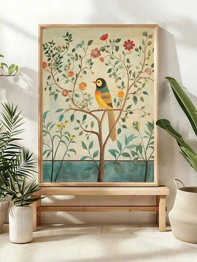 1 Traditional Art Poster, Vintage Bohemian-Style Canvas Wall Art Featuring Colourful Birds And Flowers, Animal-Themed Wall Art, Botanical Home Decor