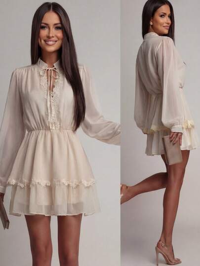 Solid Color Elegant Pleated Ruffle/Frill Hem Short Dress, Suitable For Evening Date And Vacation