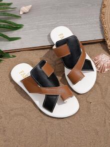 1 Pair White & Black Color Block Children's Beach Sandals, Soft & Comfortable PU Stitched Upper, Round Toe, Slip-On Design, Non-Slip Soft Sole, Fashionable & Cute Vacation Style Flat Slippers, Suitable For Boys & Girls Students Casual, Beach, Spring/Summer - Black - View 6
