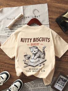 Summer New Casual Funny Cat Kneading Dough Print Loose Round Neck Short Sleeve T-Shirt, Fashionable And Versatile Women Top - Apricot - View 2