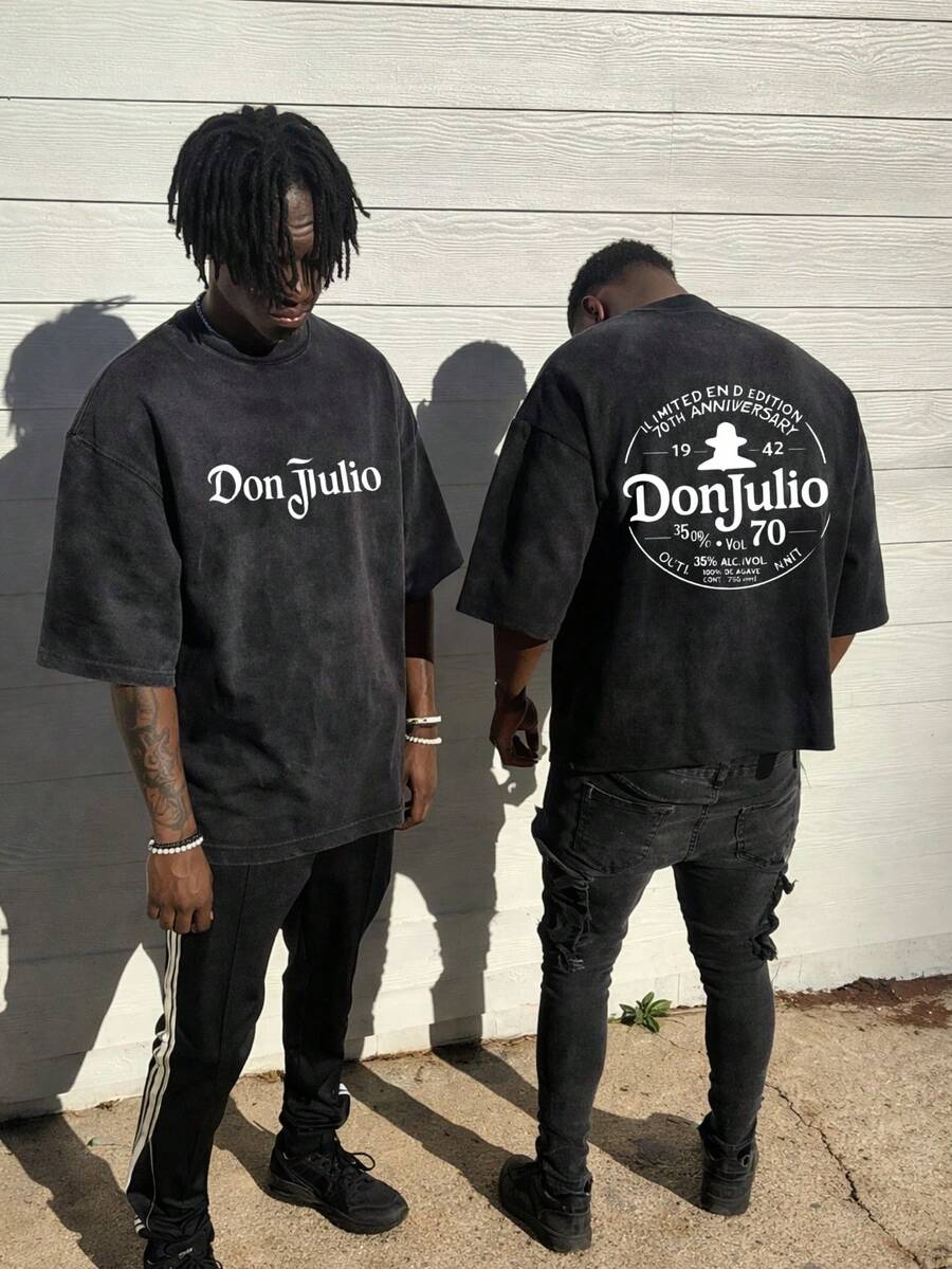 Men Black Washed Streetwear Fashion Brand Street Style 100 Percent Cotton T Shirt Don Julio Logo And Text Print Casual Wear For Everyday Outings And Parties Front And Back Print Vintage Heavyweight Tee Perfect Gift Loose Comfortable Breathable Machine Washable Fabric Hip Hop Cool Style Drippy Clothes Y2K - 黑色 - 查看 1