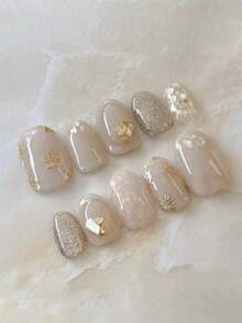 10 Pcs Handmade Press-On Nails, Short Oval, Multi-Color Optional, Y2K French Style, Elegant Ice Crystal Translucent Simple Cat Eye Hand-Painted Flower Design, Suitable For Women And Girls, Autumn And Winter Festive Parties And Daily Wear. - Multicolor - View 10