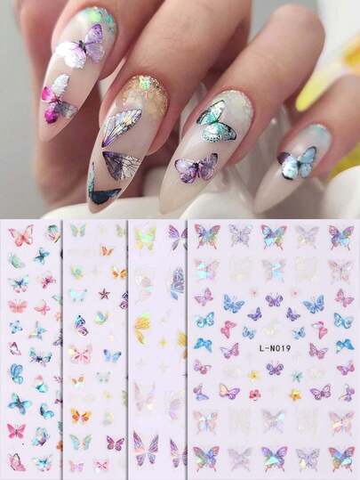 4 قطع ملصقات فن الأظافر ثلاثية الأبعاد بتصميم الفراشة الهولوغرافية الملونة، تصميم أظافر مناسب للربيع والصيف، ديكورات أظافر ذاتية اللصق منقوشة، مستلزمات فن الأظافر