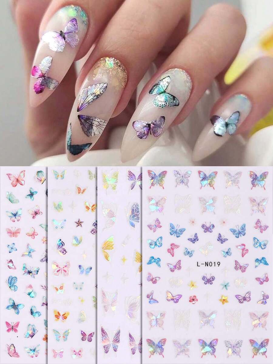 4片3D极光全息蝴蝶美甲贴纸，春夏缤纷美甲设计，DIY雕刻自粘美甲装饰，美甲用品 - 彩色 - 查看 1