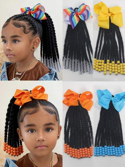10 Inch Children's African Braided Wig, 1 Ponytail With Colorful Bowknot And Beads, Suitable For Children And Girls, 1 Piece