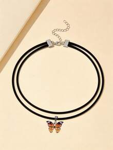 1pc Women's Retro Gothic Choker Necklace With Double-Layer Butterfly Pendant, Fashion Clavicle Chain Collar - Multicolor - View 5