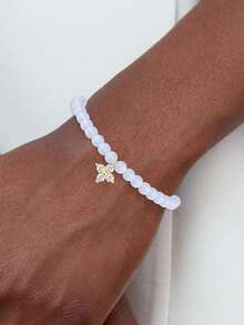 FOREVER QUEEN 1pc 925 Sterling Silver Aquamarine Agate Handmade Beaded Moon, Star, Clover Bracelet For Women & Girls - Aquamarine - View 10