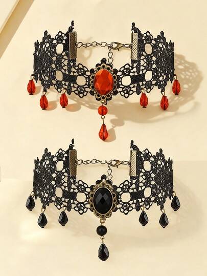 1 chiếc vòng cổ choker ren rỗng kiểu Gothic cổ điển dành cho nữ, dây chuyền ngắn tua rua tối giản đeo quanh xương đòn.