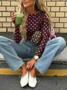 Áo len nữ dáng ôm họa tiết chấm bi mùa xuân hè - Cổ thuyền, vai rớt, tay dài, kiểu vintage. - Màu Đỏ Sâu - Xem 5