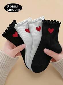 3/8双装 女士蕾丝边心形短袜，春秋季ins风可爱日系踝袜，黑白学生袜 - 彩色 - 查看 7