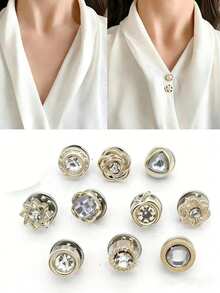 10pcs Non-Slip Clips, Anti-Exposure Clips, Rhinestone Brooch, No Sewing Required, Detachable Collar Fasteners - Multicolor - View 1