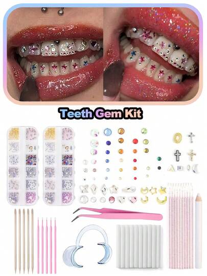 1 Set Shiny Geometric Pattern Crystal Tooth Jewelry Decor Set, Sexy Western Style DIY Tooth Gems Jewelry Kit For Party & Festival (Excluding Adhesive)