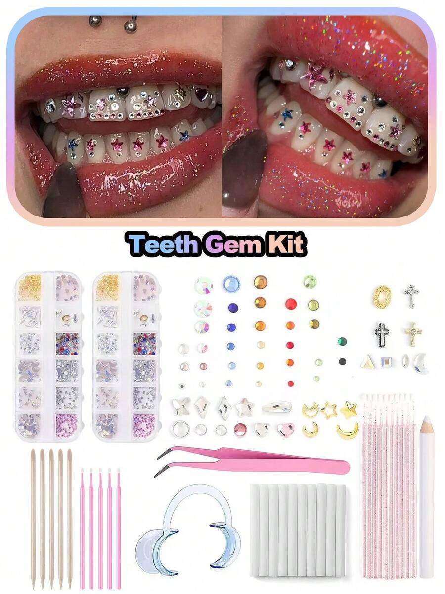 1 Set Shiny Geometric Pattern Crystal Tooth Jewelry Decor Set, Sexy Western Style DIY Tooth Gems Jewelry Kit For Party & Festival (Excluding Adhesive) - Multicolor - View 1