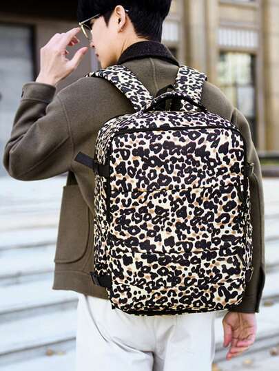 Vintage Leopard Print Backpack, Fashionable Unisex Large Capacity Multi-Pocket Backpack Suitable For Commuting And School