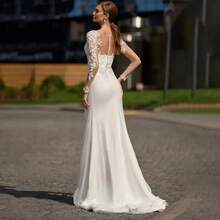 Elegant Sexy Long Sleeves Lace Appliqué Mermaid Satin Wedding Dress,Registry Office Dresses Bridal Gown,Evening Party Dress Birthday Party Dress Country Wedding,Romantic Church Ceremony Wedding Dress,Suitable For Wedding,Dating,Party,Singles' Party,Vacation,Formal Occasions,Dinner Dress,Prom Dress,Homecoming Dess,Cocktail Party,Wedding Guest Dress,Graduation - 白色 - 查看 4