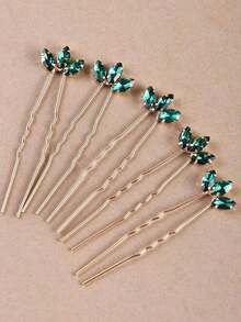 5Pcs Handmade Glass Crystal Hair Fork Set, Nature-Inspired Leaf Shaped Hairpins, Elegant Hair Sticks For Bridal Wedding Party, Valentine's Day Gift For Women Girls - màu xanh lá - Xem 3