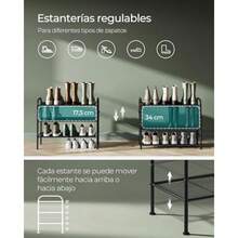 SONGMICS Zapatero Organizador Zapatos de 3 Niveles Estante Metálico con 4 Ganchos para 12 Pares Altura Ajustable Negro Tinta MLMR068B01 - 26,7 pulgadas de ancho x 11 pulgadas de profundidad x 20,8 pulgadas de alto - Ver 4