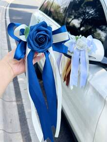 1个仿真玫瑰花汽车装饰蝴蝶结，浪漫缎带花朵饰品，适用于婚礼新娘车后视镜、门把手装饰 - 1PC - 查看 8