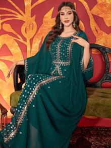 Women's Solid Color Round Neck Arabic Style Dress, Decorated With Luxurious Embroidered Beads, Elegant And Graceful, Suitable For Spring - Dark Green - View 8