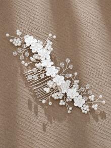 1件手工制作优雅白色软陶瓷花朵、珍珠和水晶发梳，新娘婚礼发饰 - 銀色 - 查看 9