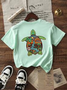 夏威夷热带海龟棕榈岛风景印花女童薄荷绿宽松沙滩度假夏季短袖T恤 - 薄荷綠 - 查看 3